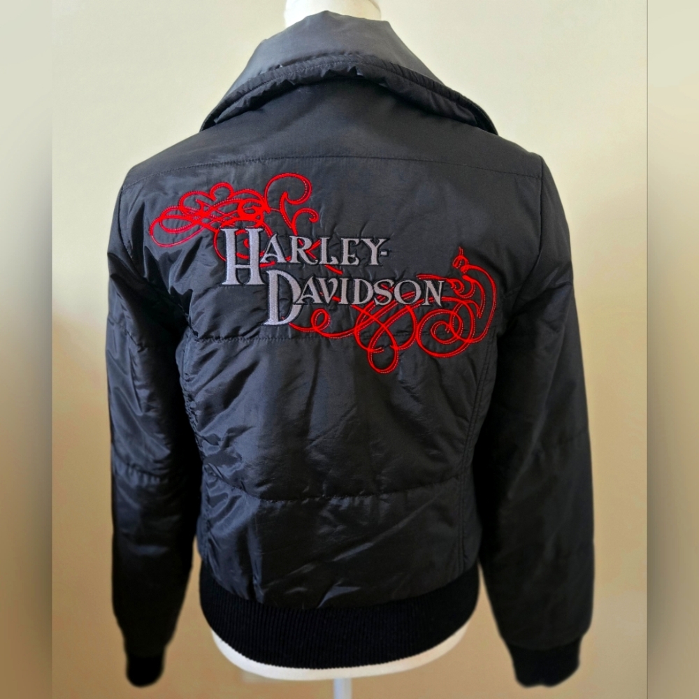 Harley Davidson Reversable Black Puffer Jacket with Red Embroidery
